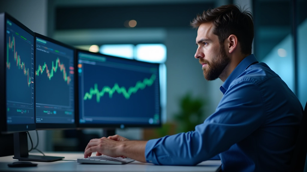 Financial analyst studying advanced market analysis on multiple displays