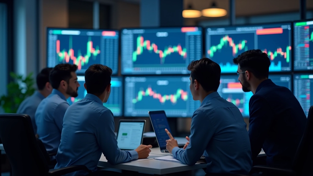 Team of traders collaborating in a modern office with trading screens