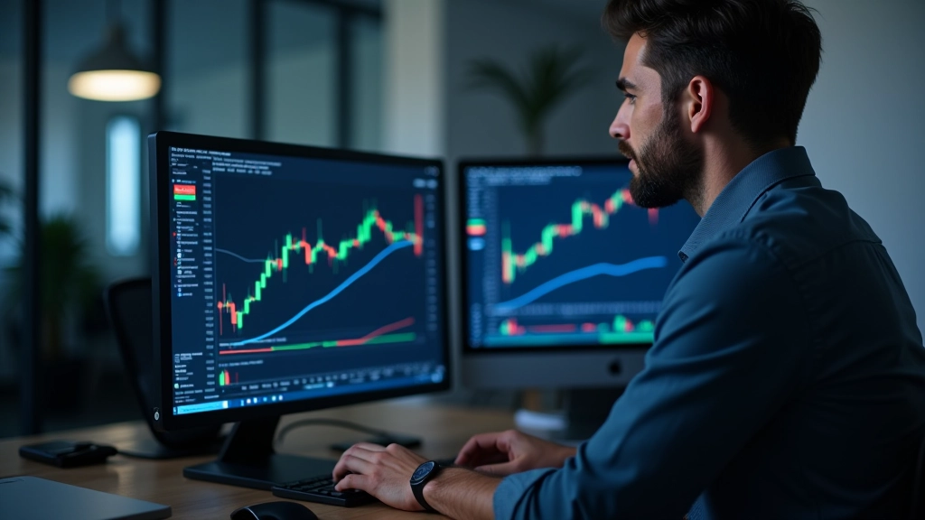 Professional trader analyzing multiple chart displays with candlestick patterns and technical indicators visible on screens